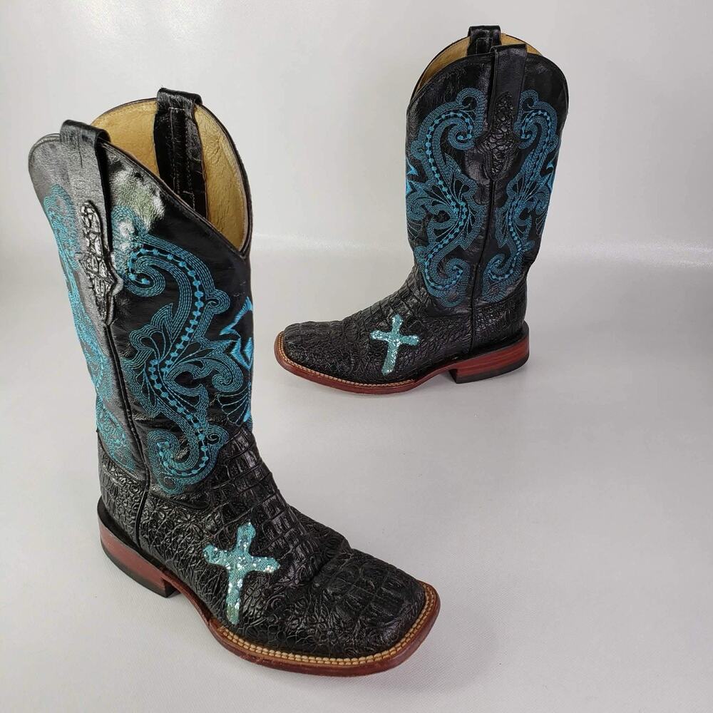 Ferrini Women’s 7.5 B Black Caiman Alligator Square Toe Cowboy Boots Cross